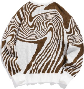 Modern Abstract Patchwork Knit Winter <b>Cardigan</b> Pullover V-neck Button Detail <b>Men</b> Women Brown White Minimalist Anti-Wrinkle - Product Image 2