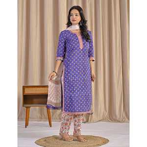 Conjunto de Kurta y Pantalón de Algodón Morado con Estampado a Mano y Manga Tres Cuartos para Uso Diario - Product Image 5