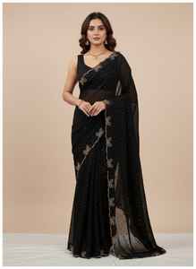 Sari de Georgette con Flores para Mujer, con Seda de Bangalore y Pedrería Swarovski en Toda la Prenda, Incluye Blusa - Talla Adulto, Hecho en India, en Existencia - Product Image 2