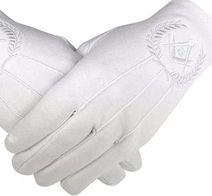 Gants de maçon maître de la Loge Bleue - Entièrement en coton blanc, respirants, séchage rapide, toutes saisons, longueur poignet, avec motifs équerre et compas G - Product Image 1