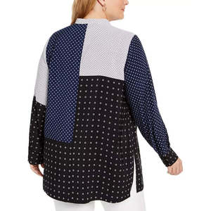 เสื้อทูนิคพิมพ์ลายผสมไซส์ใหญ่พิเศษสำหรับผู้หญิงของอัลฟานี เสื้อสายเดี่ยวสีดำประดับกระดุม ผ้าทอ - Product Image 2