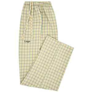 Pijama tejido con bolsillo cruzado a cuadros amarillo, pantalones de salón de ajuste Regular, tela CVC suave, cintura con cordón y bolsillos laterales, ropa de dormir - Product Image 1
