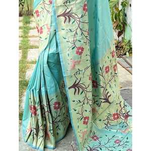 Sari de Seda Paithani con Trabajo de Zari Tejido en Color Cian Contemporáneo con Blusa, Listo para Usar en Bodas - Product Image 3