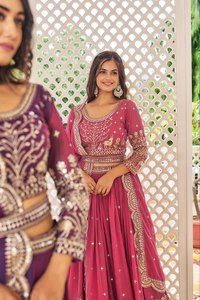 Elegante diseñador Rosa pesado imitación Georgette hilo bordado trabajo Lehenga Choli con cinturón elegante para fiestas bodas Diwali - Product Image 6