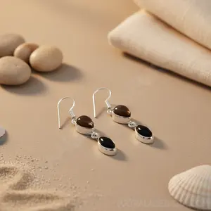 Pendientes de Plata 925 con Cuarzo Ahumado y Ónix para Mujer, Accesorio de Moda - Product Image 1