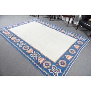 Alfombra Turca Vintage, Alfombra de 6.8x9.2 pies, Alfombra Floral Azul y Blanca - Product Image 5