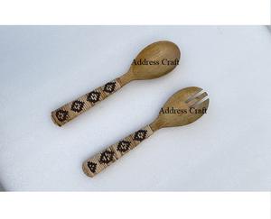 Poignée en rotin tissé à la main de qualité supérieure couverts poignée en osier décoratif serveur à salade fourchette en bois cuillère ensemble outils à salade cuisine - Product Image 6