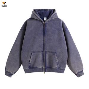 Vente en gros 2025 hommes 360gsm Terry sweat à capuche Vintage lavé fermeture éclair complète avec impression numérique Logo hiver recadrée fermeture éclair à capuche blanc - Product Image 6