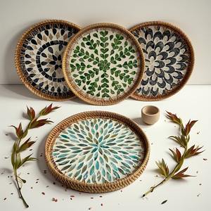 Suministro de servicio de catering de hotel, bandeja de mosaico de fregona de ratán, bandejas con incrustaciones de concha para decoración de eventos, fiestas y banquetes - Product Image 5