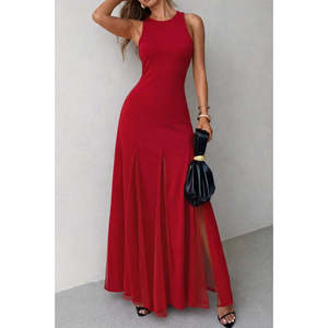 Robe longue sans manches à col rond pour femme, en tissu naturel uni, coupe trompette avec ourlet évasé asymétrique et détail en tulle 33175 - Product Image 2