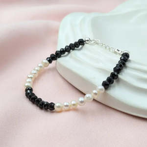 Vintage Black Spinel & Pearl Bracelet with Diamond Rhodium Plated for Gift <b>Charm</b> <b>Bangles</b> Beaded Style - Product Image 5