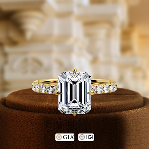 Bague en diamant émeraude de 1 carat, or jaune 14 carats, bague avec halo caché en or blanc, bague en diamant taille émeraude, bague pour cadeau - Product Image 5