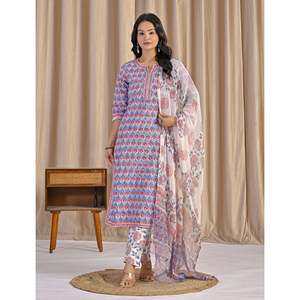 Light Blue Hand Drawn <b>Block</b> <b>Printed</b> Cotton Kurta Pant Set Indian Ethnic Suit for Girls for Daily Wear Parties Special Occasions - Product Image 3