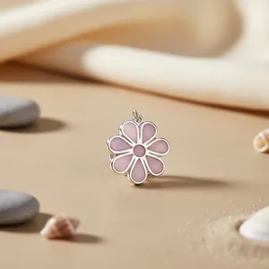 Pendentif fleur rose en argent 925 plaqué rhodium avec perle d'eau douce et zircon - Product Image 3