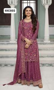 Heavy Chinon y bordado Multi Work Salwar Kameez Palazzo Suit para ocasiones especiales de India Export - Product Image 4