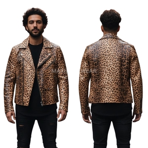 แจ็กเก็ตหนังลายเสือดาวมีซิปสไตล์มอเตอร์ไซด์สำหรับผู้ชายเสื้อแจ็กเก็ตหนังมอเตอร์ไซค์ - Product Image 3