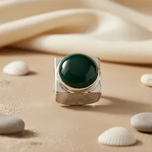 925 <b>Silver</b> Statement <b>Ring</b> for Women Handmade Geometric Design with <b>Emerald</b> Cut Topaz and Morganite Green Onyx Inlay Setting - Product Image 3