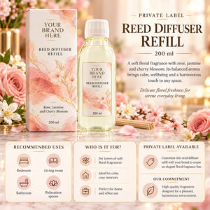 Recharge de diffuseur à bâtonnets Marque Blanche Rose, Jasmin et Fleur de Cerisier 200ml avec bâtonnets |   Parfum Floral Herbal |   Fabricant OEM - Product Image 3
