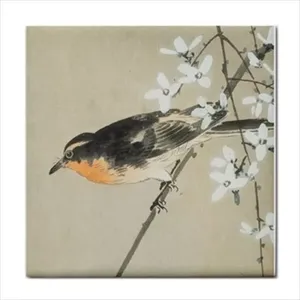 Azulejo de cerámica de arte japonés Ohara Koson, diseño de pájaro de pecho naranja para salpicaduras de cocina o decoración de pared de baño - Product Image 1