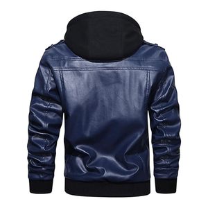Chaqueta de moto con cremallera de piel de cordero azul marino con capucha extraíble negra para hombre - Product Image 3