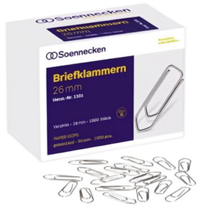SOENNECKEN 26mm Galvanized Silver <b>Metal</b> Pointed Paper Clips 1000 Pcs/Pack - Product Image 3