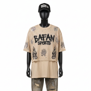 Women Double Layer Shirt Premium Polyester Mesh And Fabric Beige Color <b>Rhinestone</b> Custom Logo Cotton Double Layer Shirts - Product Image 1