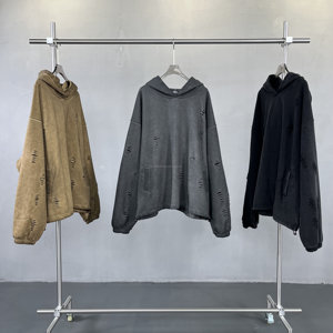 450 Gsm poids lourd sweats à capuche unis français éponge Vintage sweat à capuche lavé broderie personnalisée lavage à l'acide en détresse sweat à capuche court - Product Image 2