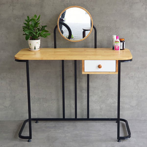 Mini Natural Wood <b>Makeup</b> Vanity <b>Table</b> <b>with</b> LED <b>Lighted</b> Mirror Iron Legs-BTD68062 Minimalist Design Style - Product Image 4