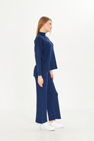 Conjunto de Dos Piezas de Punto Azul Marino para Mujer, Venta al Por Mayor del Fabricante, Suéter de Cuello Alto de Corte Holgado, Pantalones de Pierna Ancha con Cintura Elástica