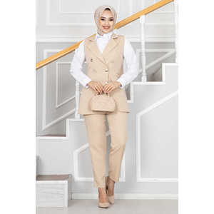 Conjunto de chaleco hijab con detalle de cuello de pañuelo color crema estilo oficinista - Product Image 5