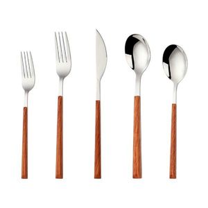 Ensemble de couverts en acier inoxydable avec manche en bois, couteau, fourchette, cuillère, vaisselle dorée, argenterie, hôtel, restaurant, vente chaude - Product Image 1
