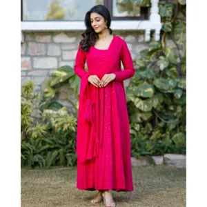 Conjunto de 3 Piezas para Mujer, Estilo Casual, Bordado Chikankari, Algodón Rosa, Manga Larga, Estilo Tradicional Indio, Secado Rápido, Transpirable - Product Image 3