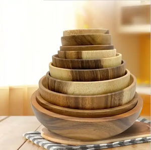 Bol à salade rond en bois d'acacia massif poli, léger, rustique, décoration d'intérieur, vente en gros - Product Image 5