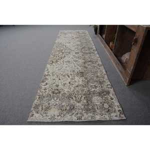 2.7x9.1 ft Rug, Vintage Turkish Rug, <b>Brown</b> Gray Polka dot <b>Wool</b> Rug - Product Image 2