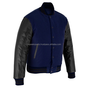 2026 OEM Men's <b>Top</b> Selling Navy Blue Wool With Black <b>Leather</b> Sleeves Varsity Jacket <b>High</b> Quality Low MOQ Heated Fashion Jackets - Product Image 5