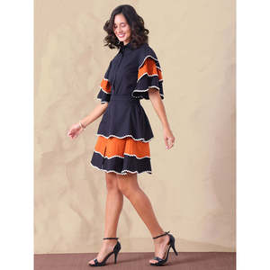 Conjunto de Vestido y Falda de Algodón con Bloques de Color para Mujer Deebaco, Mangas con Volantes, Cuello Camisero, Largo por Encima de la Rodilla, Estilo Casual - Product Image 4