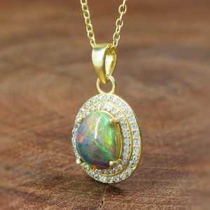 Genuine Multifire Black <b>Opal</b> Pendant Necklace 925 Sterling Silver with Gold Plating Handmade Zircon Accent Jewelry for Women - Product Image 2