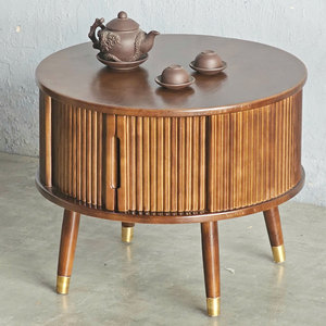 Round Ash Wood <b>Coffee</b> <b>Table</b> with Sliding Doors and Rubber Wood Veneer Top Farmhouse Style Living Room Furniture-TT68260 - Product Image 2