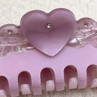 Pince à cheveux Oradour Sweet en acétate fait main, motif cœur avec strass, design aile, ressort puissant, maintien antidérapant, violet rose