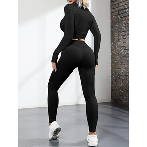 Conjuntos de entrenamiento para mujer, conjuntos de mallas de Yoga de cintura alta sin costuras acanaladas de 2 piezas - Product Image 6