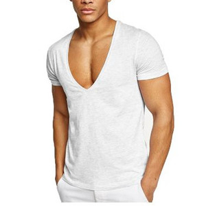 Venta al por mayor Modal 100% algodón de alta calidad cuello en V profundo colores sólidos precio camiseta para hombres - Product Image 3