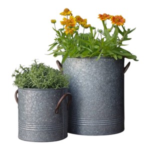 Rustic <b>Tall</b> Galvanized Metal <b>Planter</b> Set With Brown Handles For Farmhouse Garden Decor - Product Image 1
