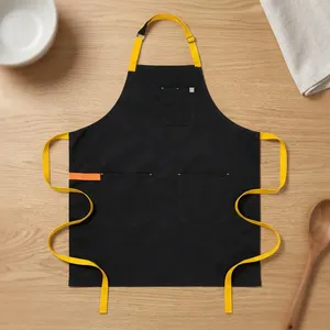 Black Canvas Reusable Eco-Friendly Bib <b>Apron</b> with Adjustable Yellow Neck Strap and Multiple Pockets for Cooking Work - Product Image 1