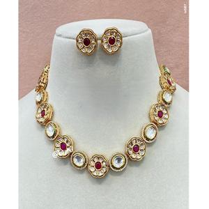 Ensemble de luxe plaqué or Royal Radiance Polki Kundan Rubis Kundan Collier ras du cou et boucles d'oreilles Ensemble Anniversaire de mariage - Product Image 1