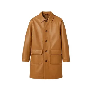 Tan Brown <b>Leather</b> Coat with Button Closure and Pockets - Product Image 1