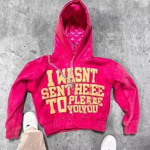 Trendy Unisex Cropped Puff Print Letter Hooded Sweatshirts Quilted Vintage Streetwear Style Custom Logo Oversized for Men <b>Women</b> - Product Image 2
