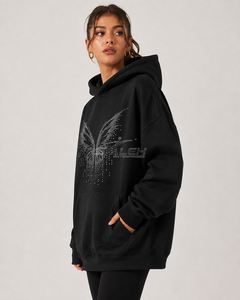 เสื้อฮู้ดดี้โอเวอร์ไซส์ผ้าฝ้าย 100% ระบายอากาศได้ดี เป็นมิตรกับสิ่งแวดล้อม ประดับคริสตัลหรูหรา สไตล์สตรีทแวร์ น้ำหนักมาก ใส่ได้ทั้งชายและหญิง  แบบสวมหัว  สามารถสั่งทำได้ - Product Image 1