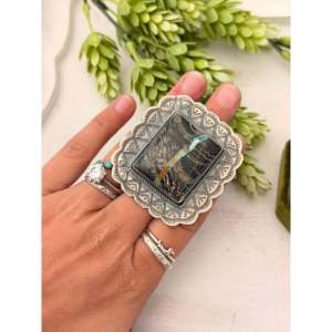 John Skeets Handmade <b>Statement</b> <b>Ring</b> Black Jack Turquoise & Sterling <b>Silver</b> Bezel Set Size 6.25 Everyday Wear - Product Image 2