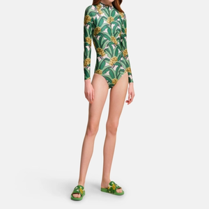Traje de baño deportivo de cuello alto con estampado tropical verde, diseño de cremallera de manga larga de poliéster de dos piezas con decoración de cremallera - Product Image 5