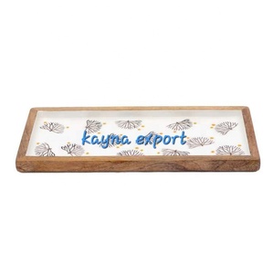 Ramzan collection noix et dattes plateau de service plateau bois de mangue couleur émail bleu plateau de service sûr pour les aliments dernier plateau de forme longue - Product Image 3